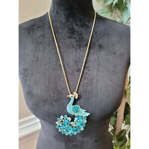 Betsey Johnson Elegant Peacock Pendant Necklace Blue Crystals And Lobster Clasp